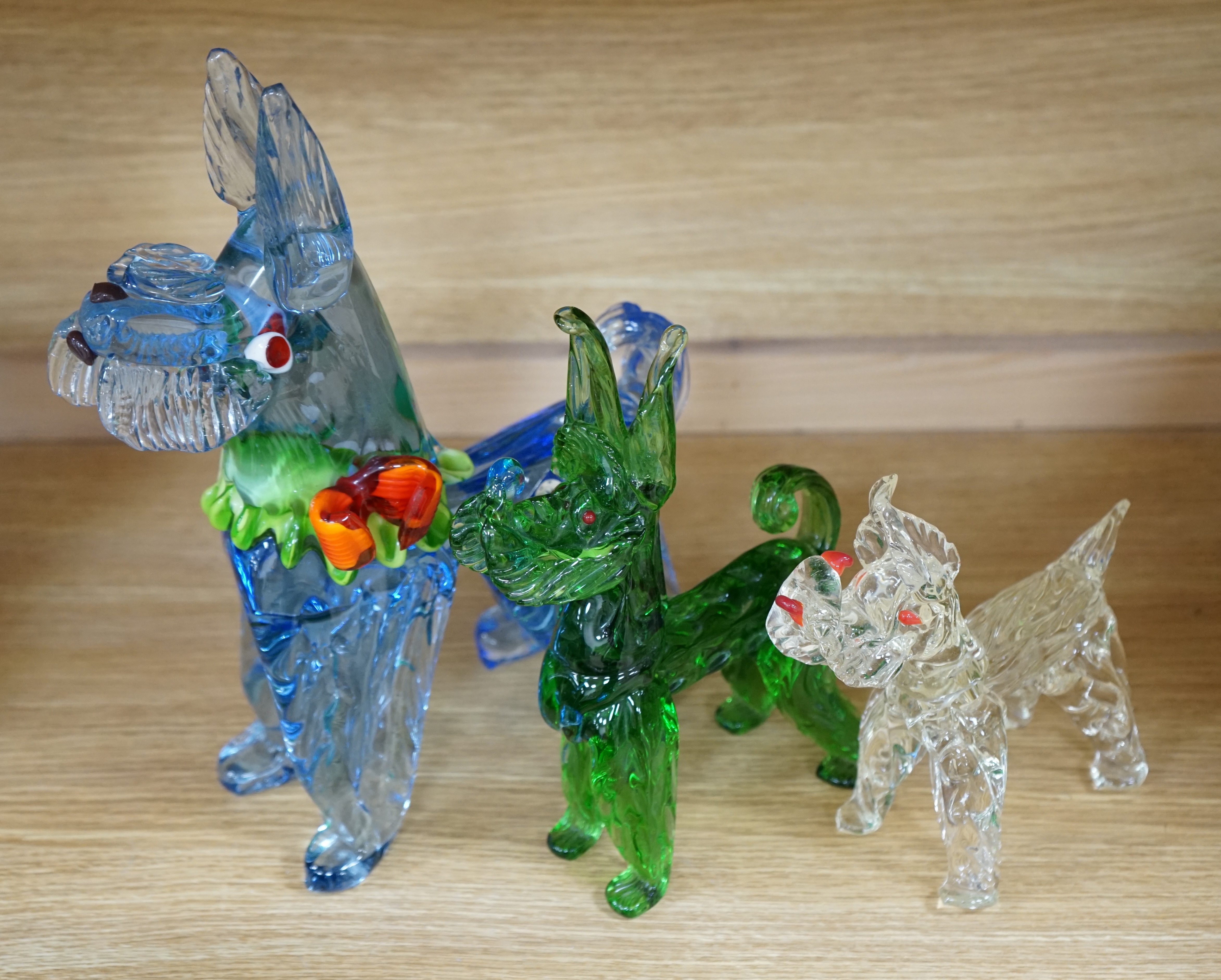 Three Murano glass dogs, largest 31cm. Condition - fair to good, some minor chipping